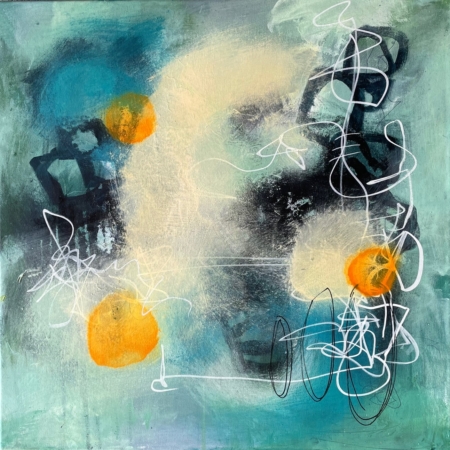 Abstrakt maleri med blå og irgrønne nuancer, mørkeblå og hvide mønstre. Orange spiller op til disse nuancer og bryder frem - som solen efter en lang vinter.