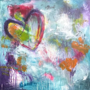 Maleri med kulørte farver og et stort hjerte