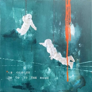 Maleri med blålig baggrund og to personer i rumdragter der svæver