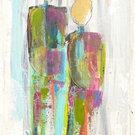 Et maleri der forestiller to personer i forskellig højde og med kulørte farver på tøjet